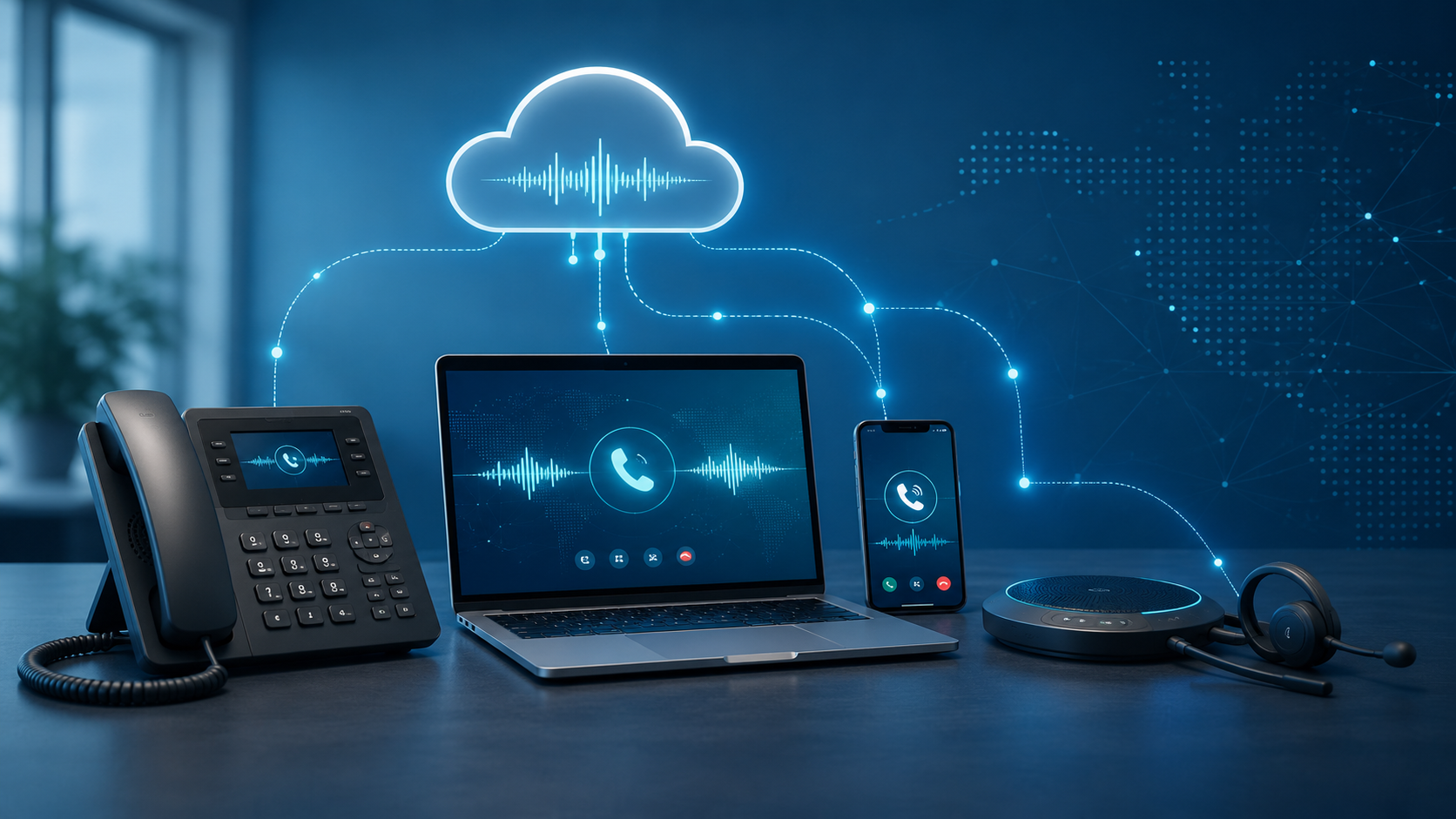 VoIP business communication devices connected through a cloud-based voice network