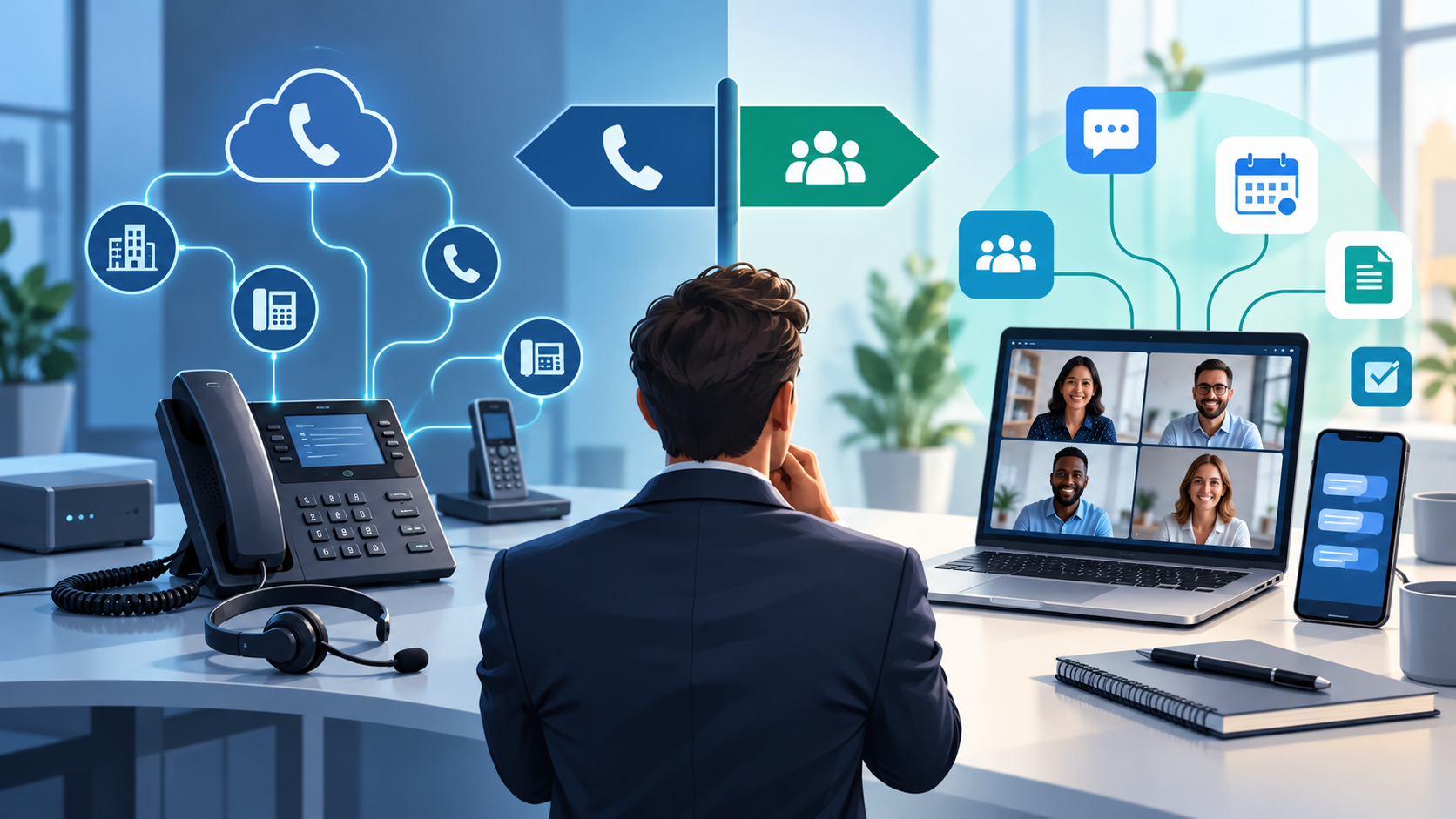 Illustration comparing a hosted VoIP business phone system with modern collaboration platforms, featuring desk phones, cloud calling, video conferencing, and team messaging.